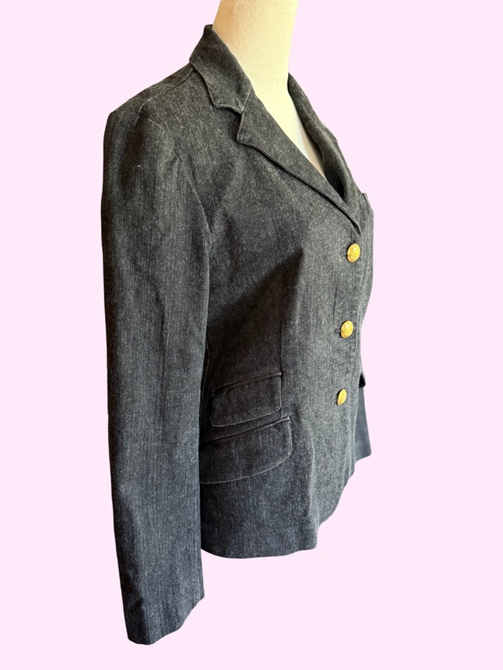 Vintage Ralph Lauren Black Denim Equestrian Blazer Gold Crest Buttons 14 fits L - Picture 4 of 9